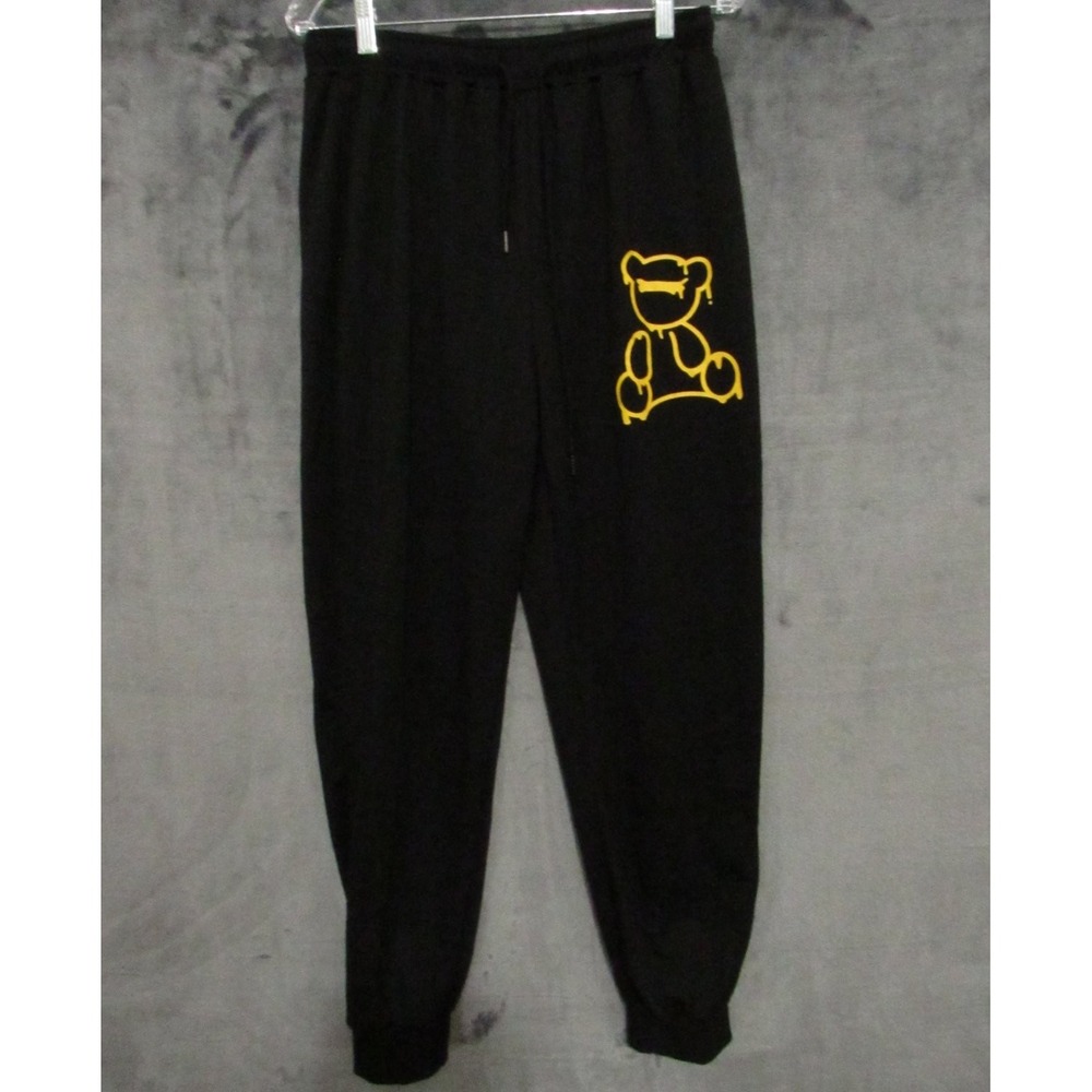 Black Joggers L Sweatpants with Yellow Melting Bear Graphic Drawstring Cuffs